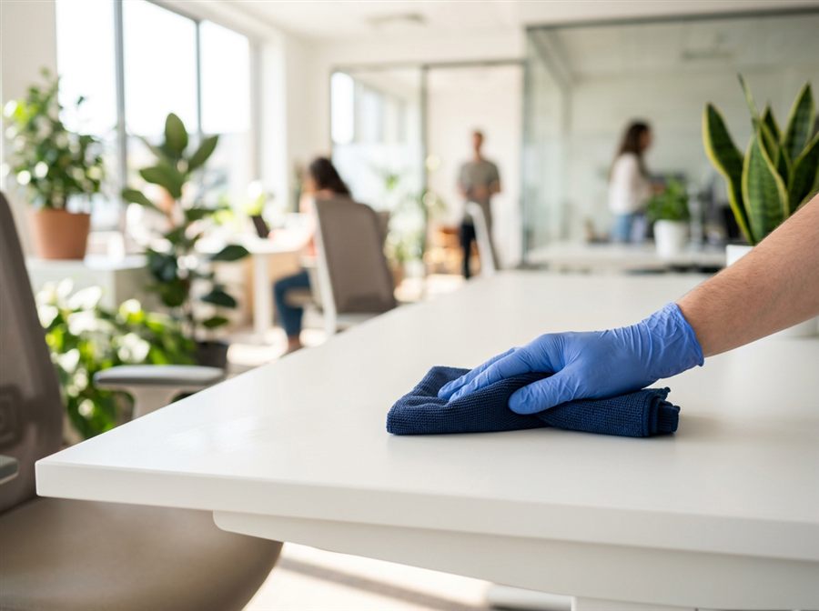 Detailed desk cleaning with microfiber cloth